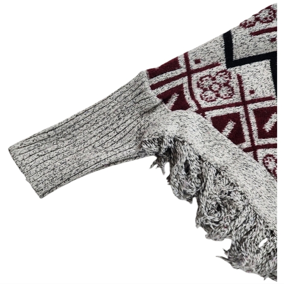 Geometric Fringe Poncho Sweater with Turtleneck Burgundy Gray Boho Style - Picture 4 of 6